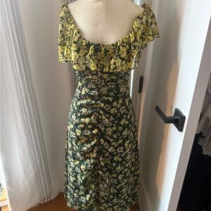 Zara Yellow and Black Floral Off-Shoulder Midi Dress